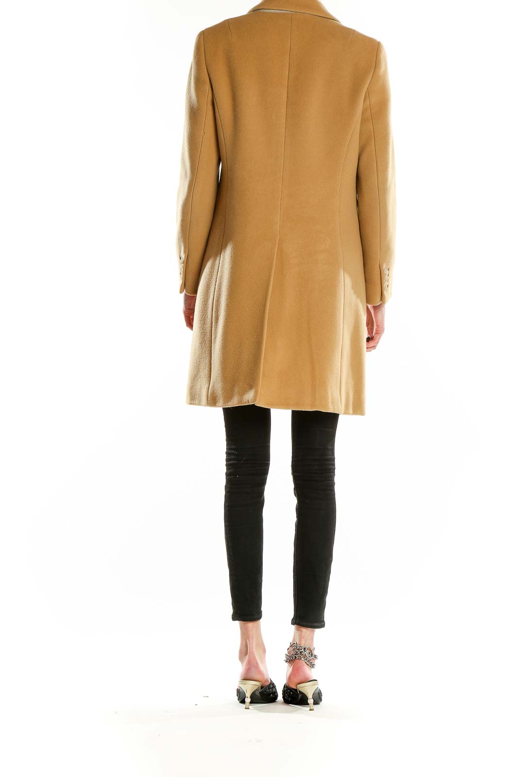 Back view of J.Crew camel wool blend coat showing full length and tailored fit