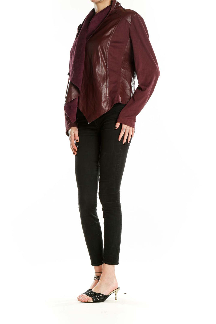 Front view of burgundy faux leather draped jacket by KUT from the Kloth