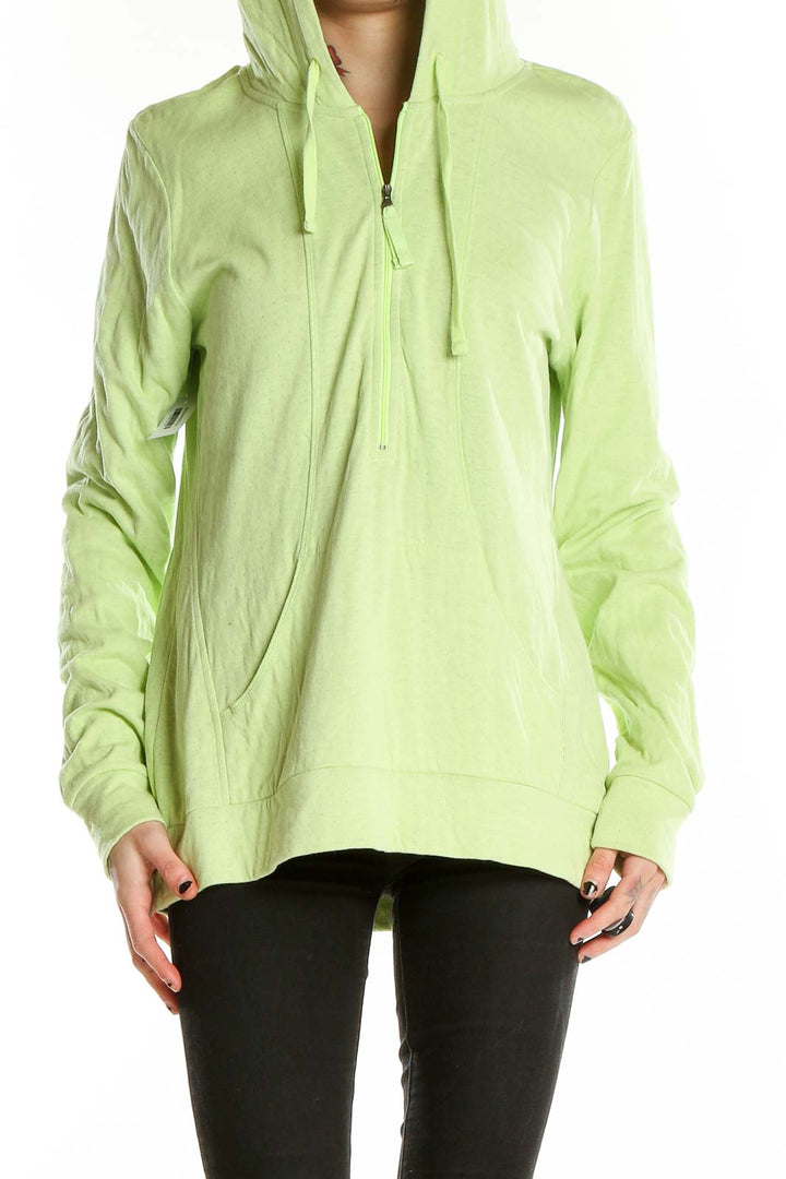 Front view of lime green Lucy activewear hoodie with half-zip design