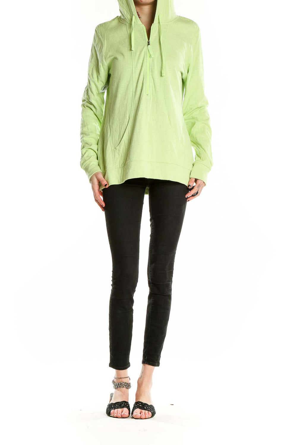 Front view of lime green Lucy activewear hoodie with half-zip design