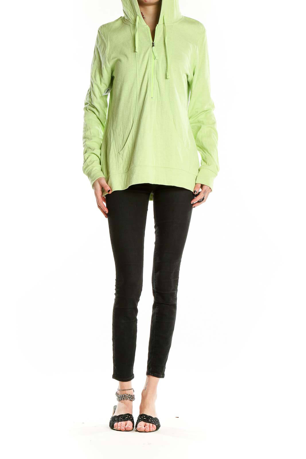 Front view of lime green Lucy activewear hoodie with half-zip design