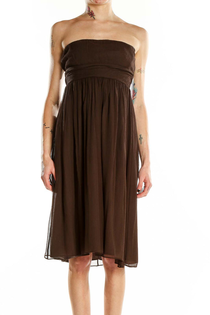 Front view of J.Crew brown strapless chiffon cocktail dress