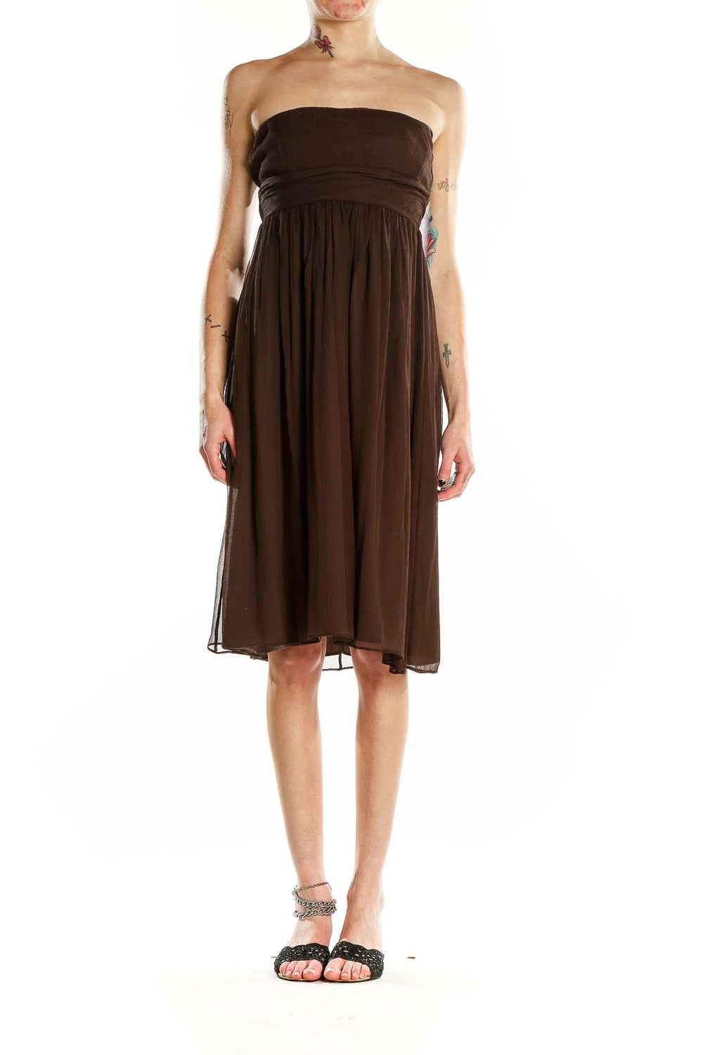 Front view of J.Crew brown strapless chiffon cocktail dress