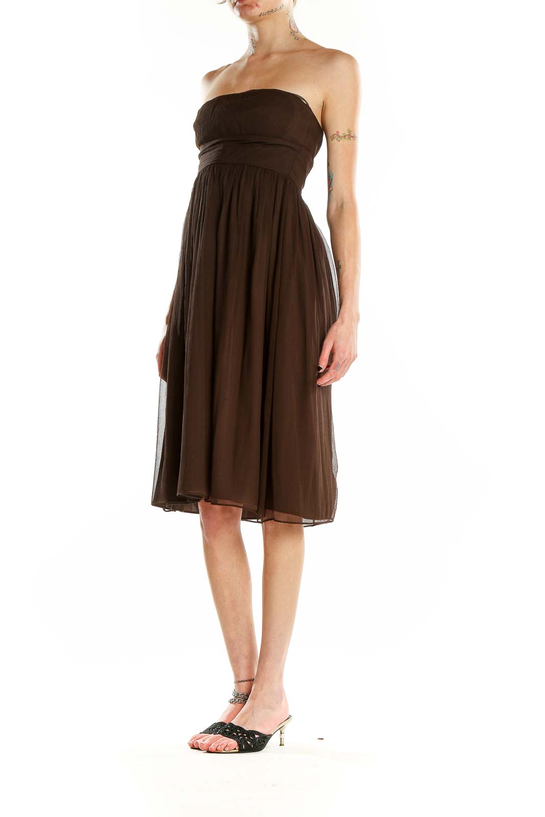 Front view of J.Crew brown strapless chiffon cocktail dress