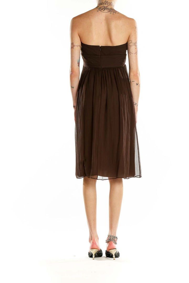 Back view of J.Crew brown strapless chiffon cocktail dress