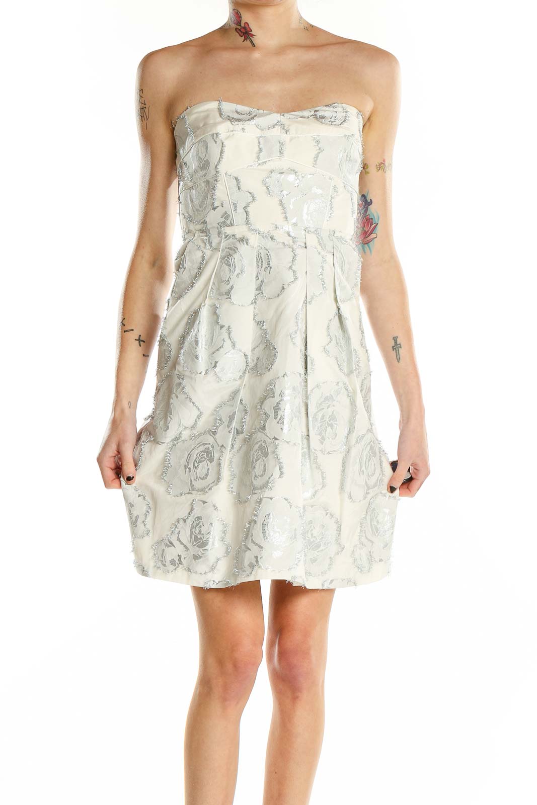 Front view of Cynthia Steffe white strapless cocktail dress with gray floral pattern