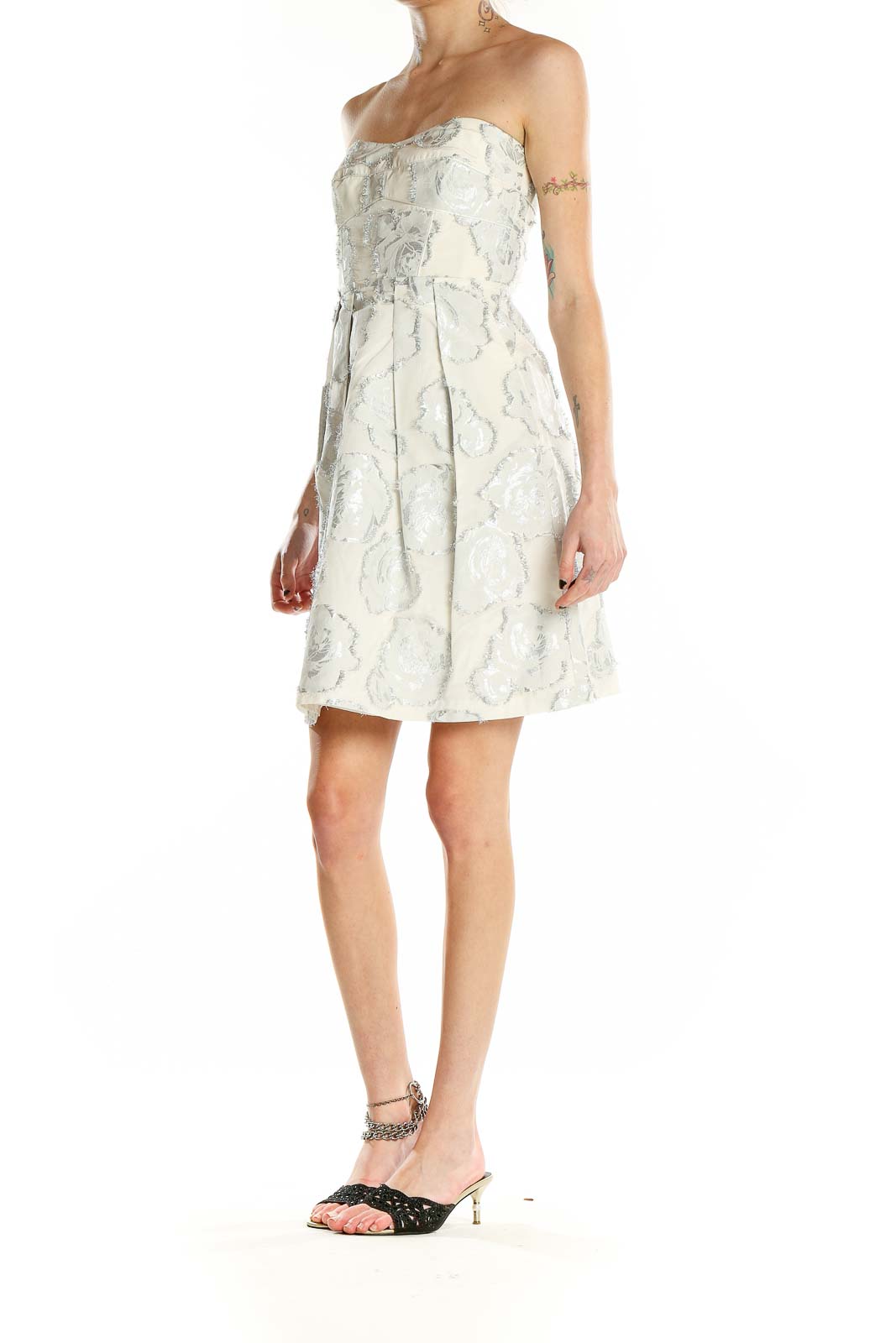 Front view of Cynthia Steffe white strapless cocktail dress with gray floral pattern