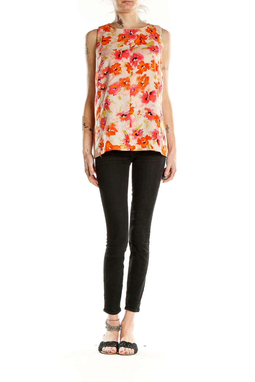 Front view of LOFT orange floral sleeveless blouse on model