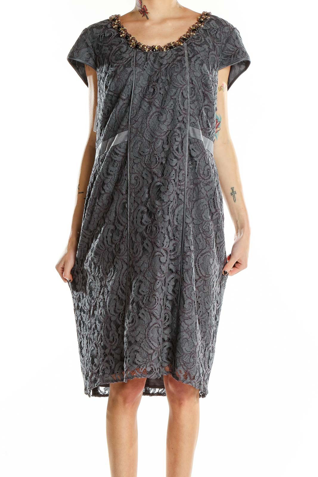 Front view of Adrianna Papell gray lace cocktail dress with beaded neckline