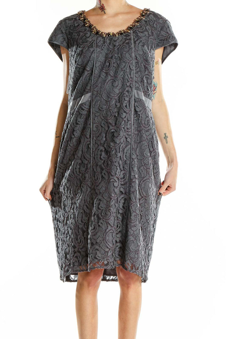 Front view of Adrianna Papell gray lace cocktail dress with beaded neckline