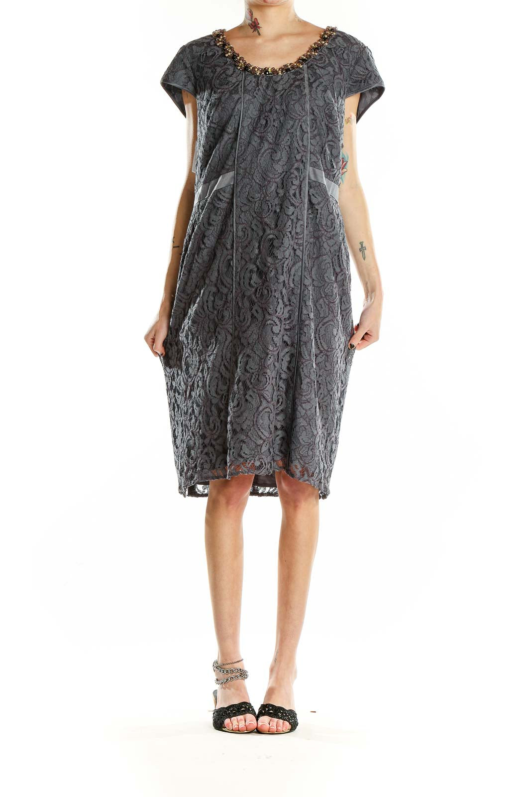 Front view of Adrianna Papell gray lace cocktail dress with beaded neckline