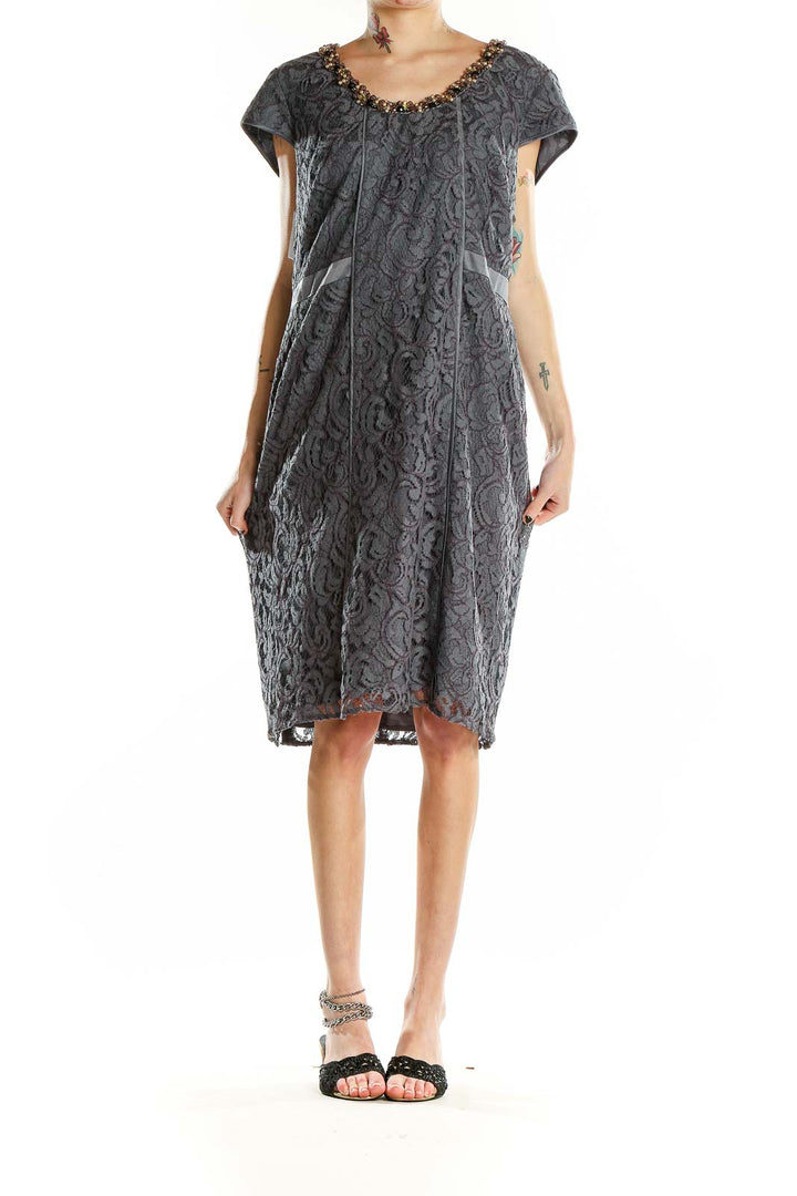 Front view of Adrianna Papell gray lace cocktail dress with beaded neckline