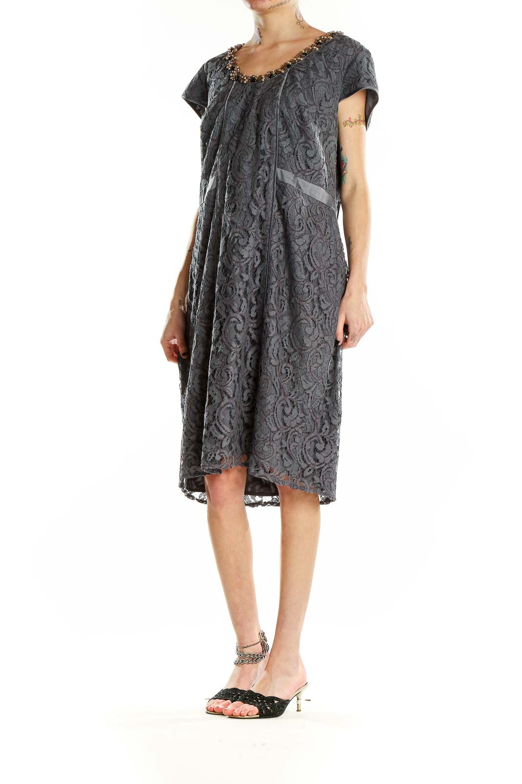Front view of Adrianna Papell gray lace cocktail dress with beaded neckline