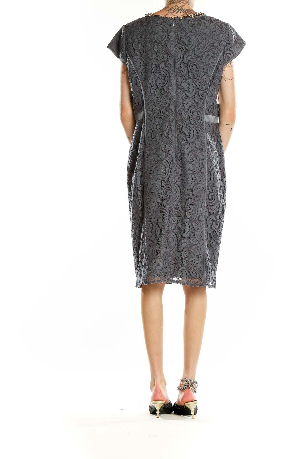 Back view of Adrianna Papell gray lace cocktail dress showing cap sleeves and lace pattern