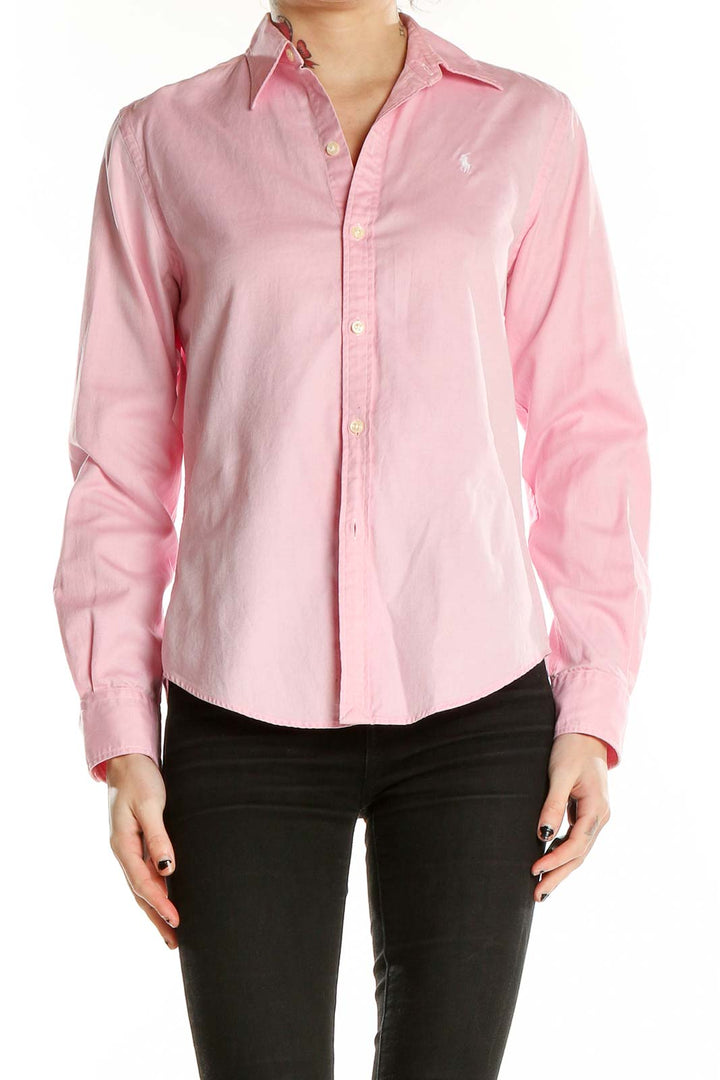 Front view of pink Ralph Lauren Golf cotton button-down shirt
