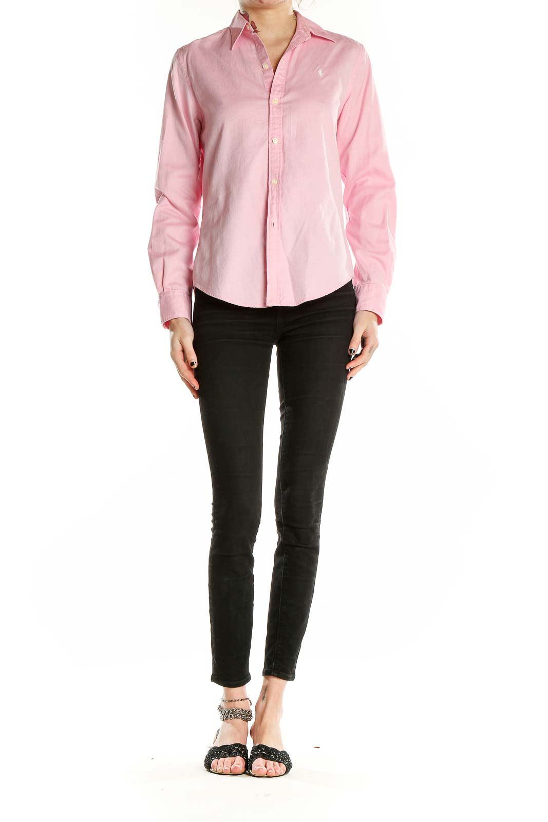 Front view of pink Ralph Lauren Golf cotton button-down shirt