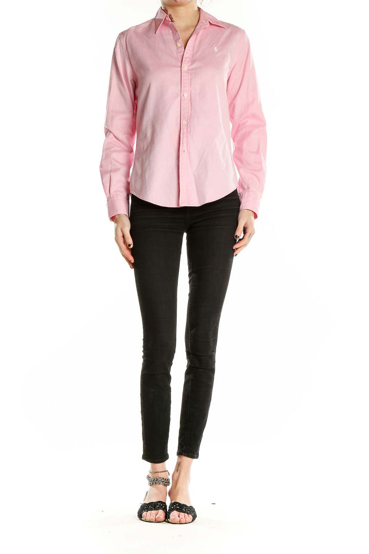 Front view of pink Ralph Lauren Golf cotton button-down shirt