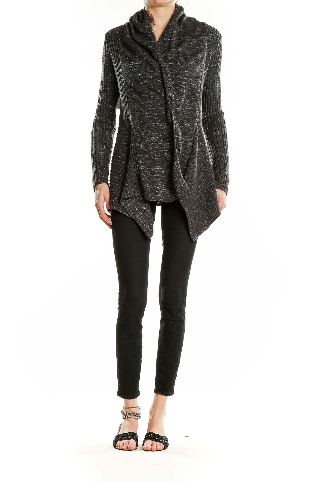 Front view of Romeo & Juliet Couture charcoal metallic knit cardigan with shawl collar
