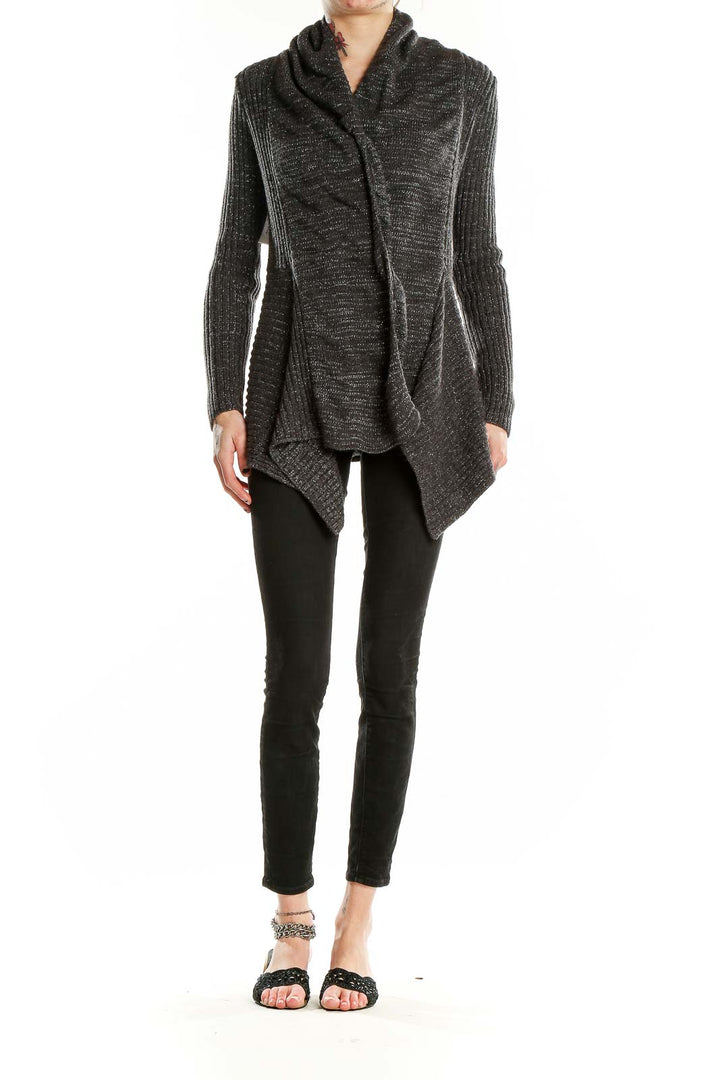 Front view of Romeo & Juliet Couture charcoal metallic knit cardigan with shawl collar