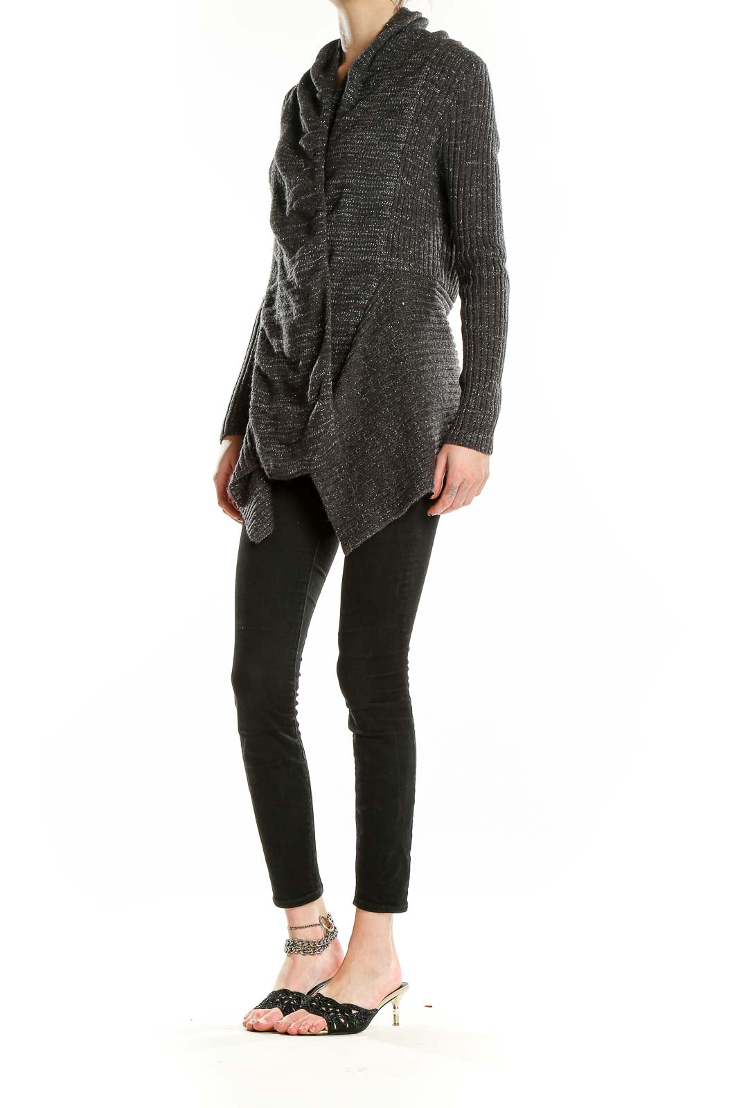 Front view of Romeo & Juliet Couture charcoal metallic knit cardigan with shawl collar