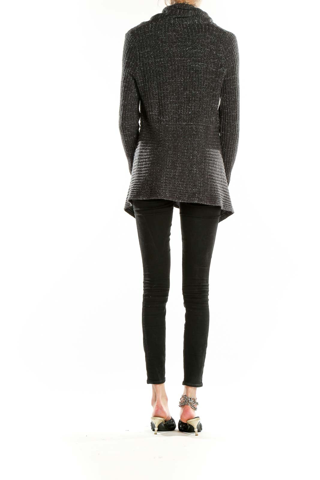 Back view of Romeo & Juliet Couture charcoal metallic knit cardigan showing ribbed texture