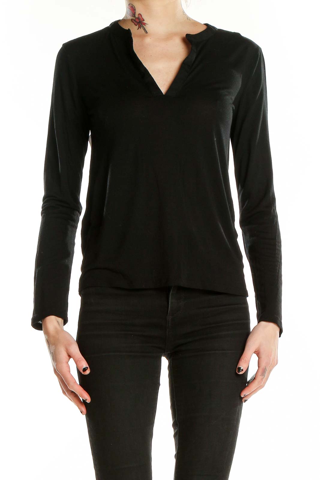 Front view of Massimo Dutti black V-neck long-sleeve top on model