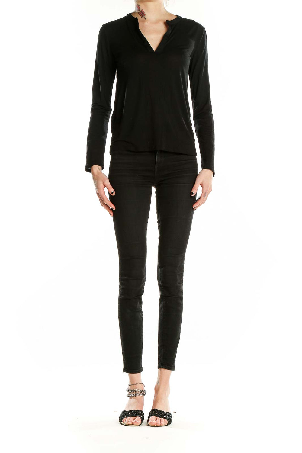 Front view of Massimo Dutti black V-neck long-sleeve top on model