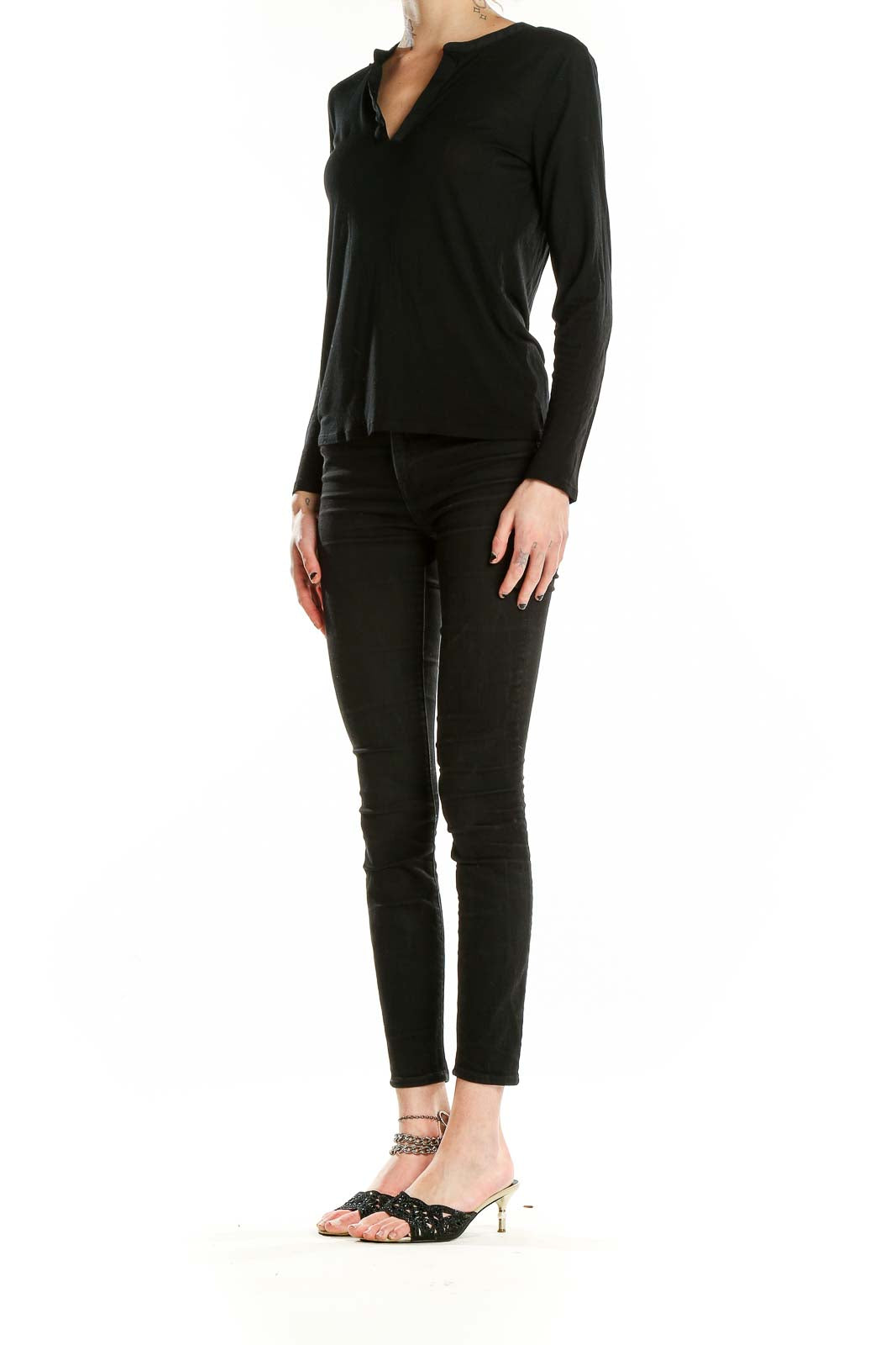 Front view of Massimo Dutti black V-neck long-sleeve top on model