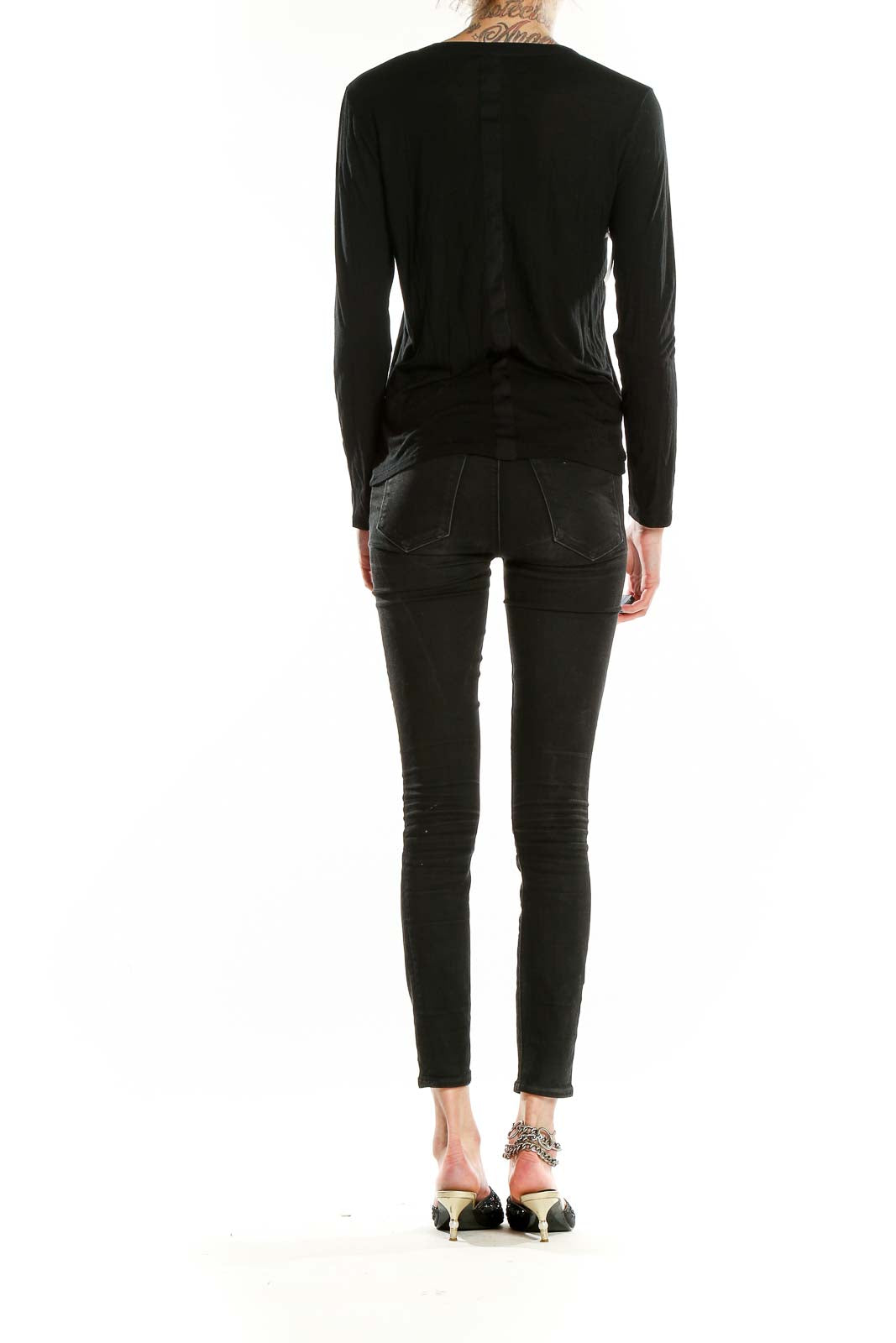 Back view of Massimo Dutti black V-neck long-sleeve top on model