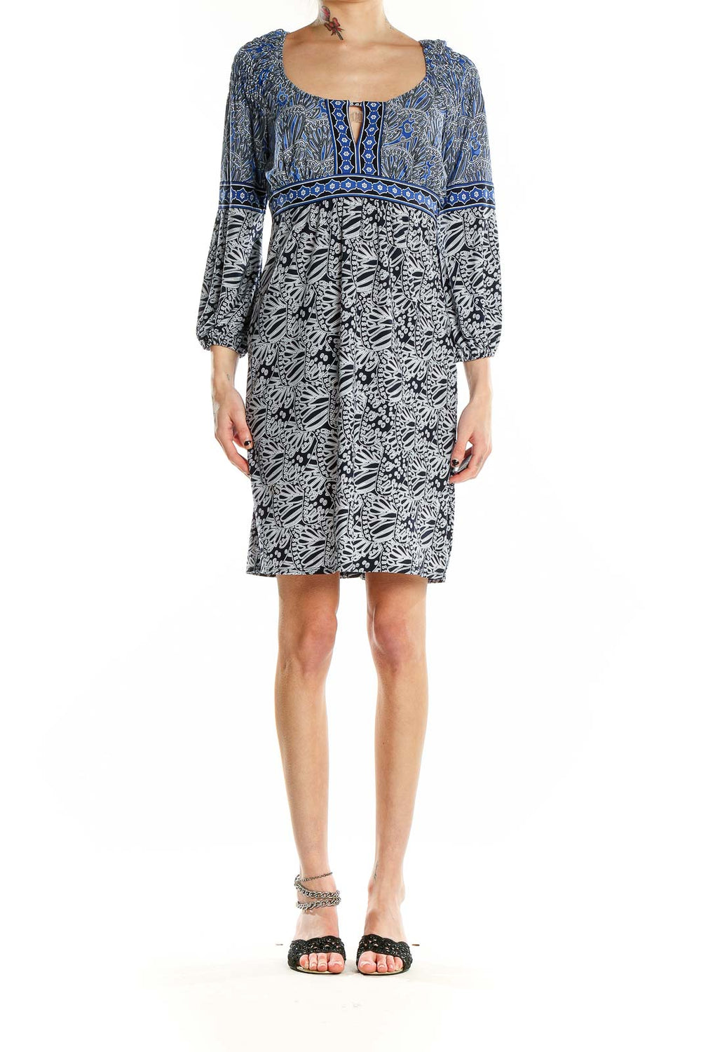 Front view of LAUNDRY by SHELLI SEGAL blue and black floral print empire waist dress