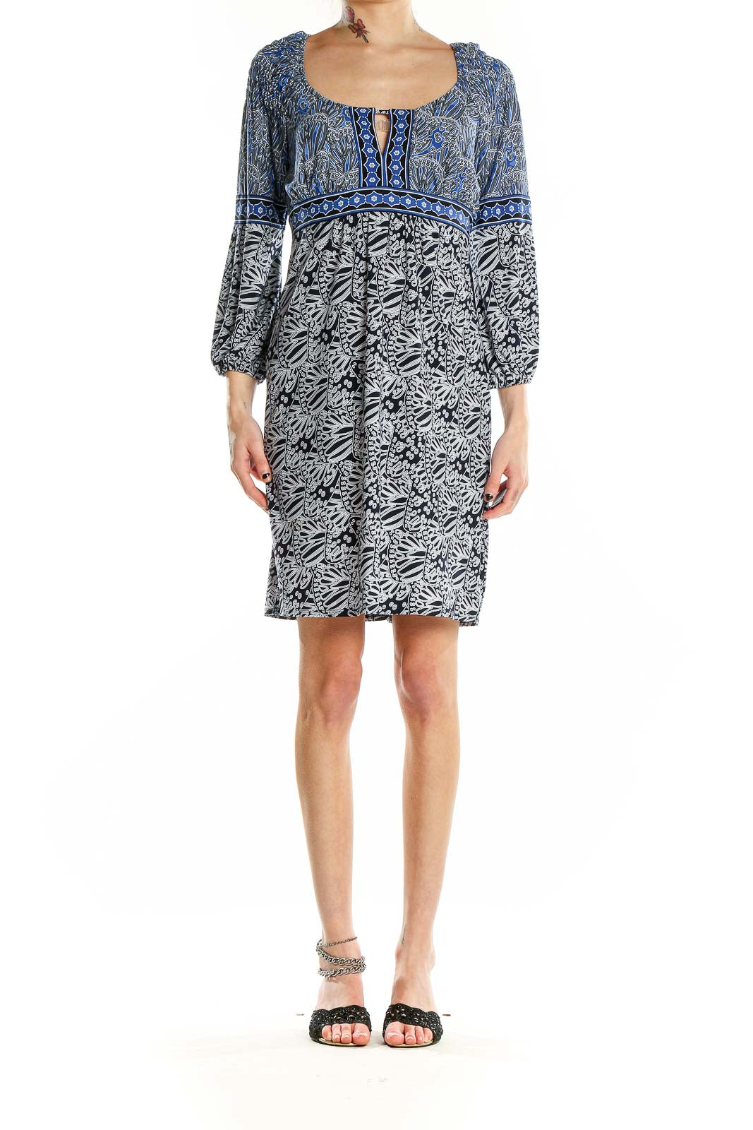 Front view of LAUNDRY by SHELLI SEGAL blue and black floral print empire waist dress