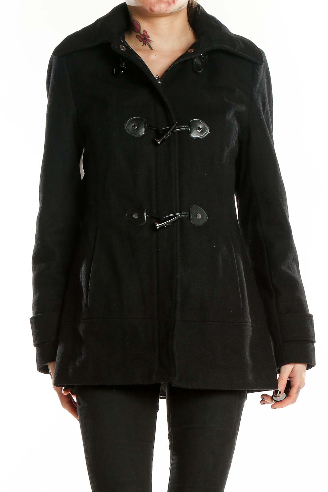 Front view of black Calvin Klein toggle coat