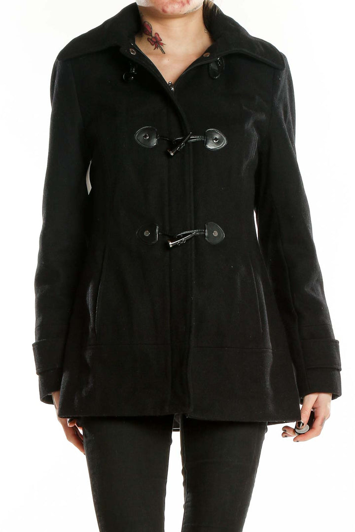 Front view of black Calvin Klein toggle coat