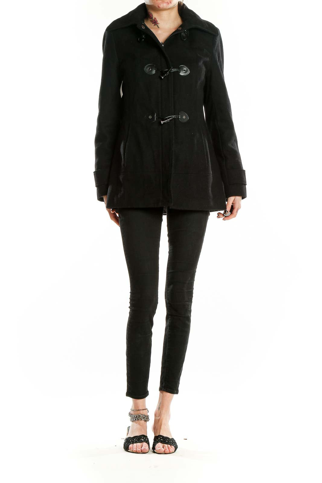 Front view of black Calvin Klein toggle coat