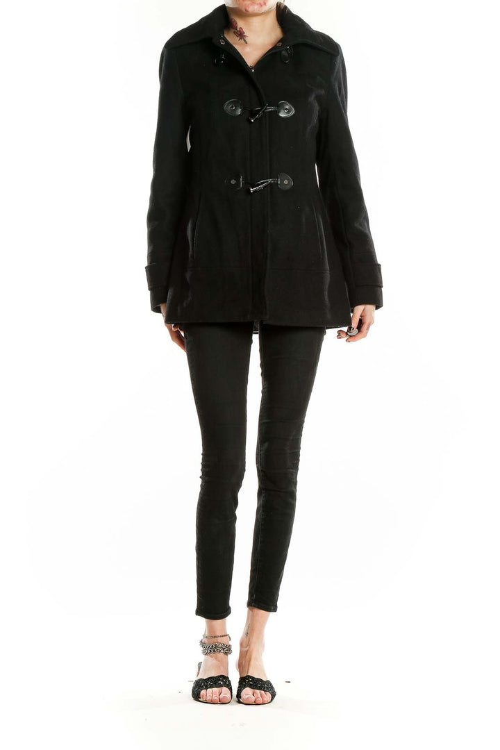 Front view of black Calvin Klein toggle coat