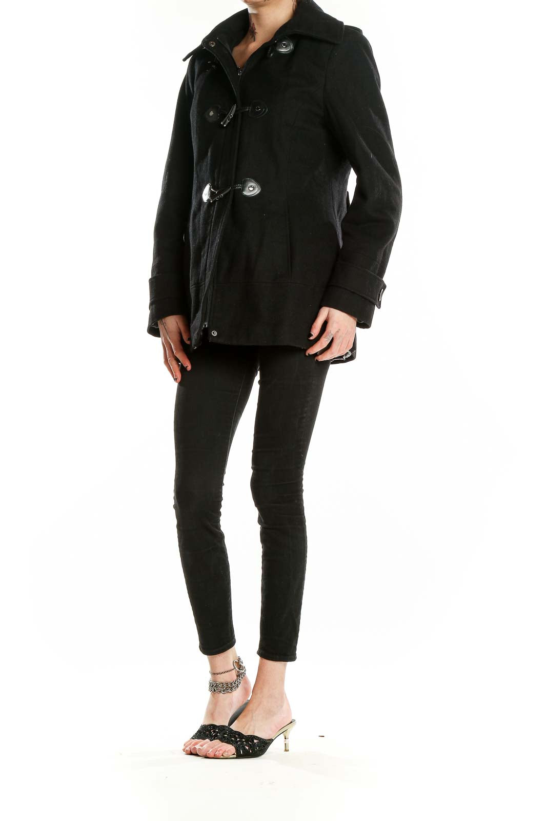 Front view of black Calvin Klein toggle coat