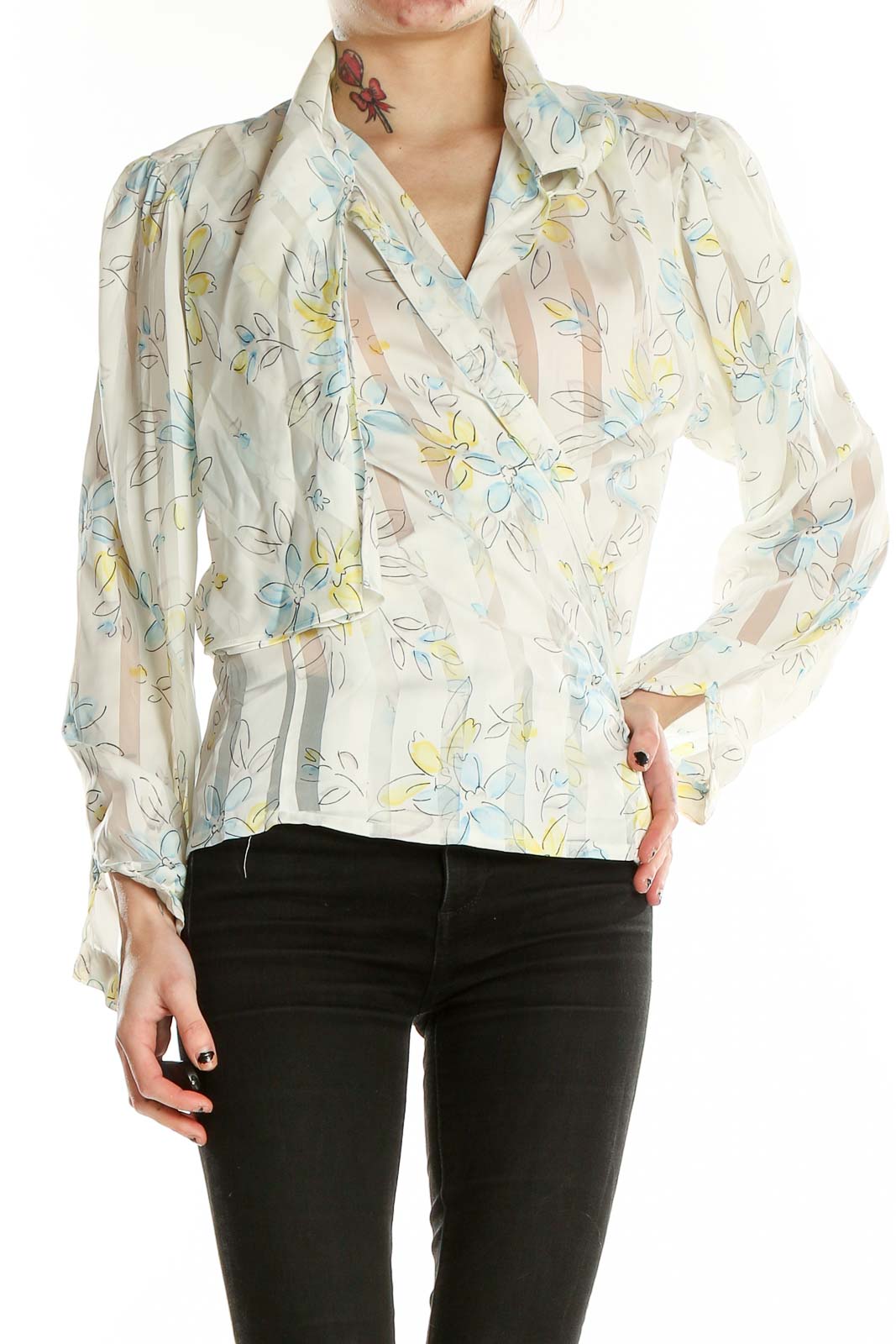 Front view of NICOLA cream floral sheer wrap blouse
