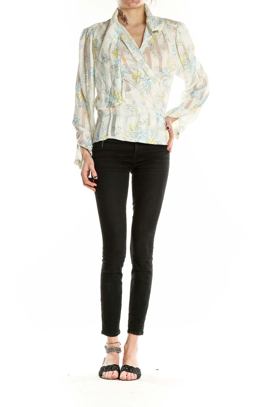 Front view of NICOLA cream floral sheer wrap blouse