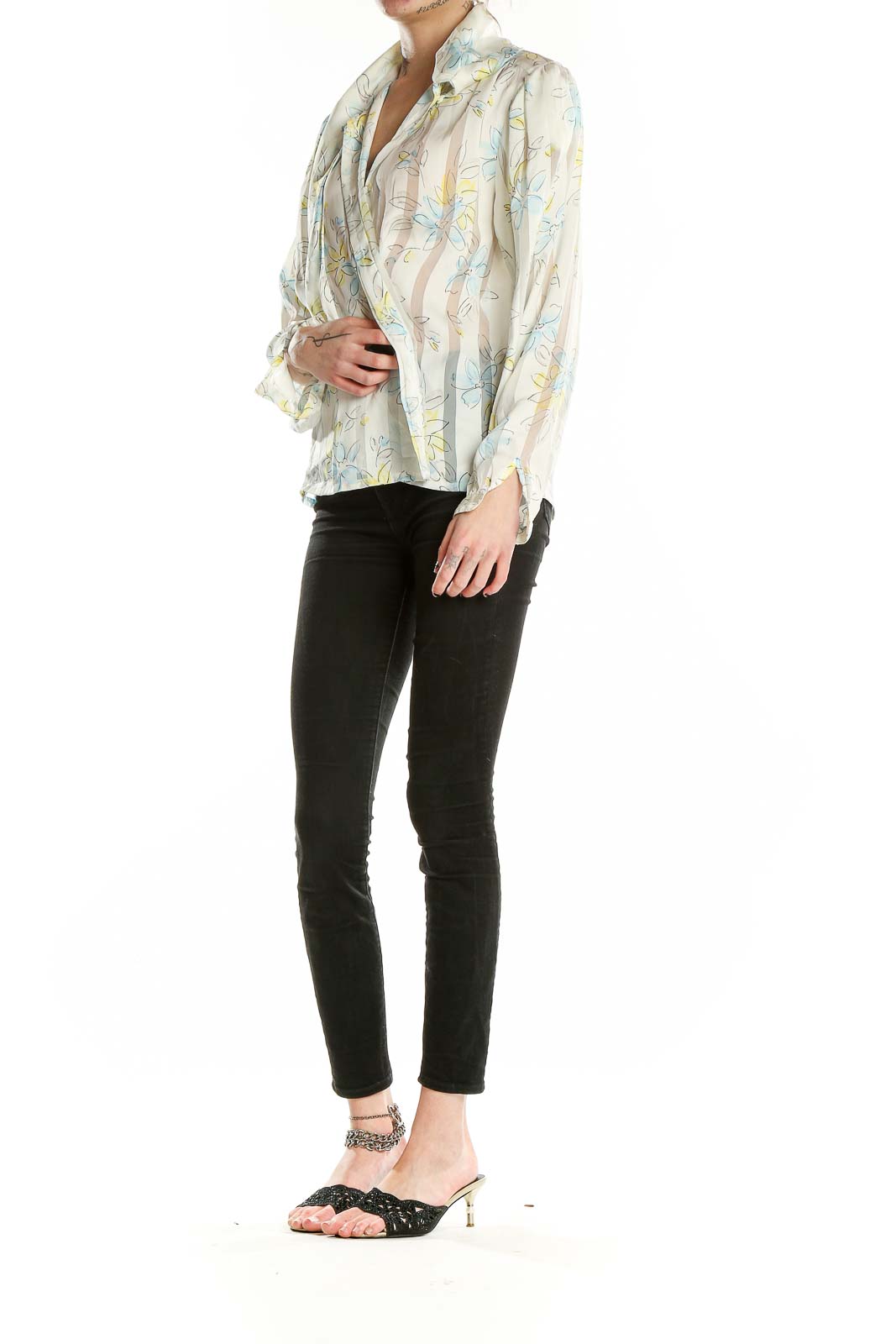 Front view of NICOLA cream floral sheer wrap blouse