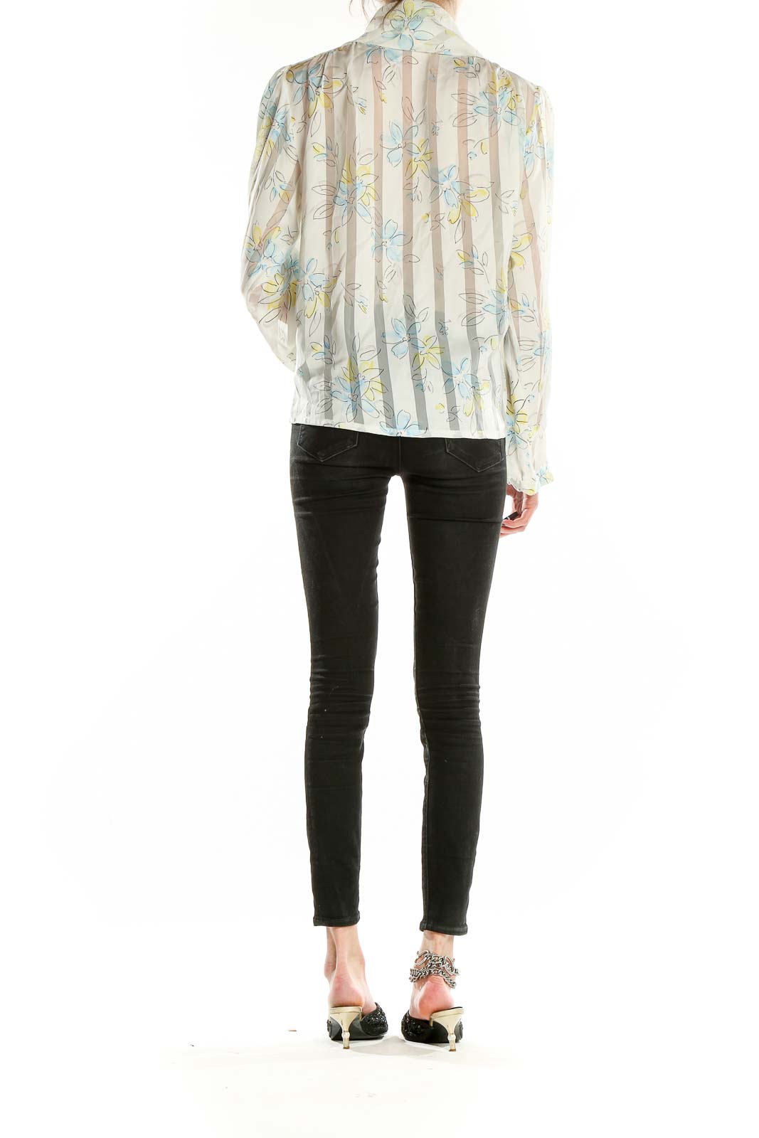Back view of NICOLA cream floral sheer wrap blouse