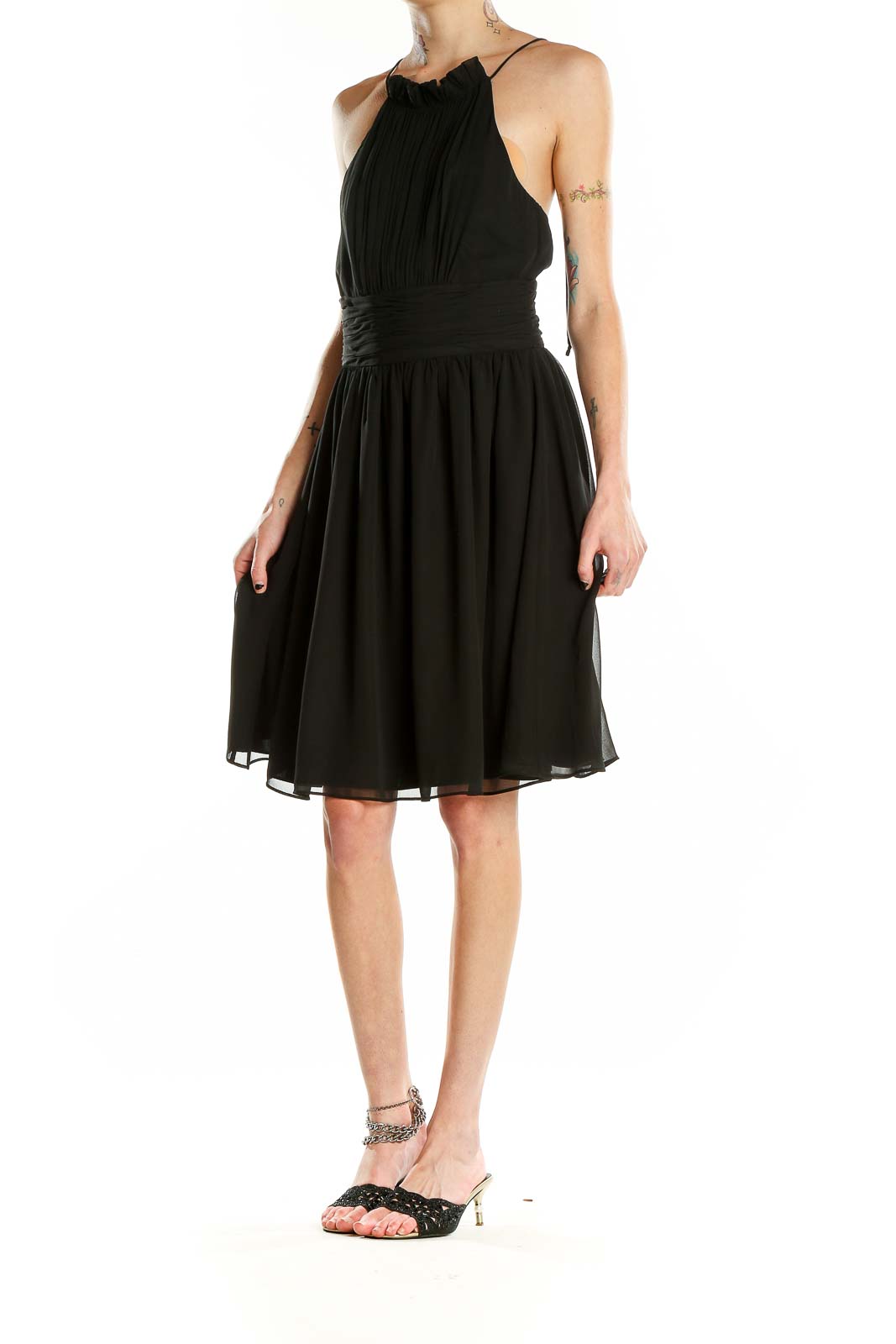 Front view of black halter neck cocktail dress from White House Black Market