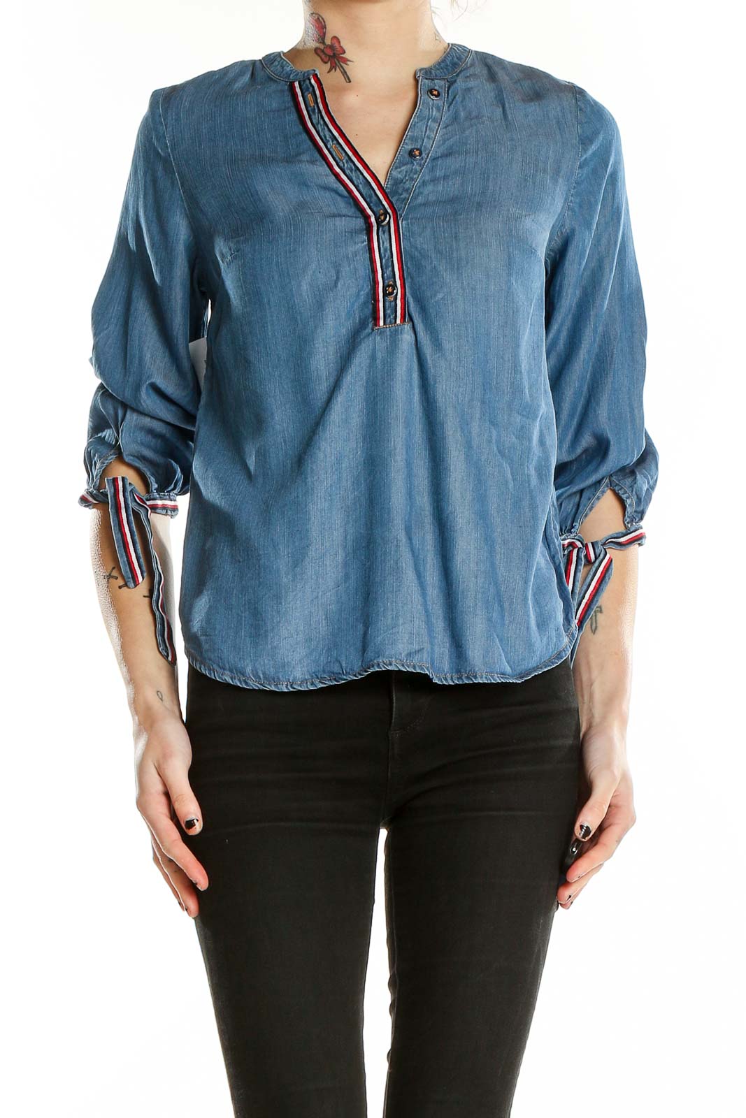 Front view of Tommy Hilfiger blue lyocell blouse with tie-sleeves and colorful trim