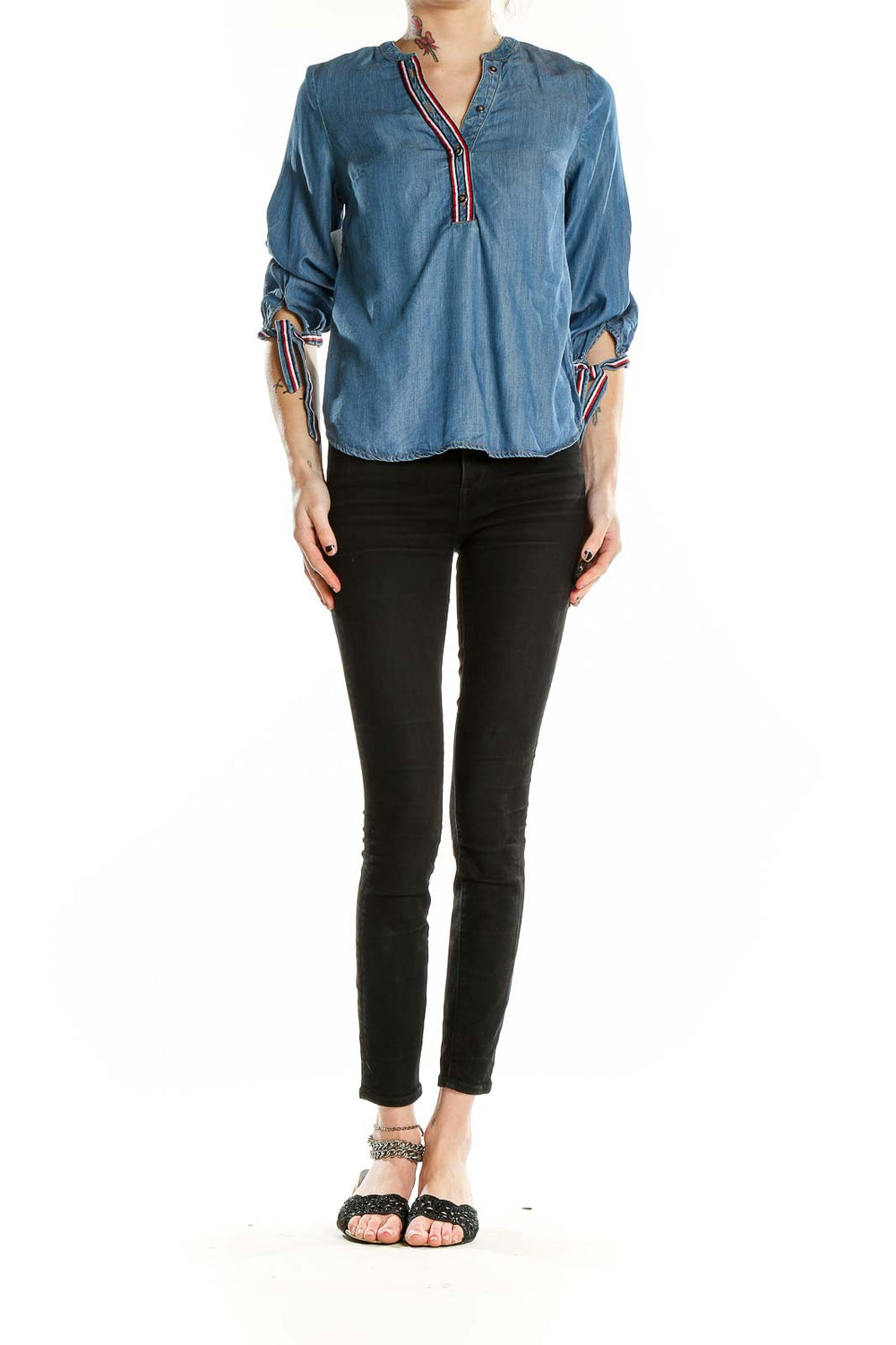 Front view of Tommy Hilfiger blue lyocell blouse with tie-sleeves and colorful trim