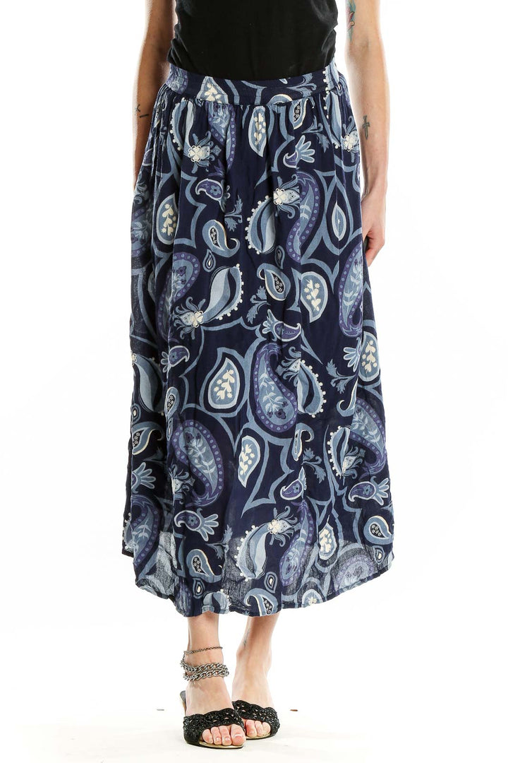 Front view of Cabela's navy paisley print rayon midi skirt