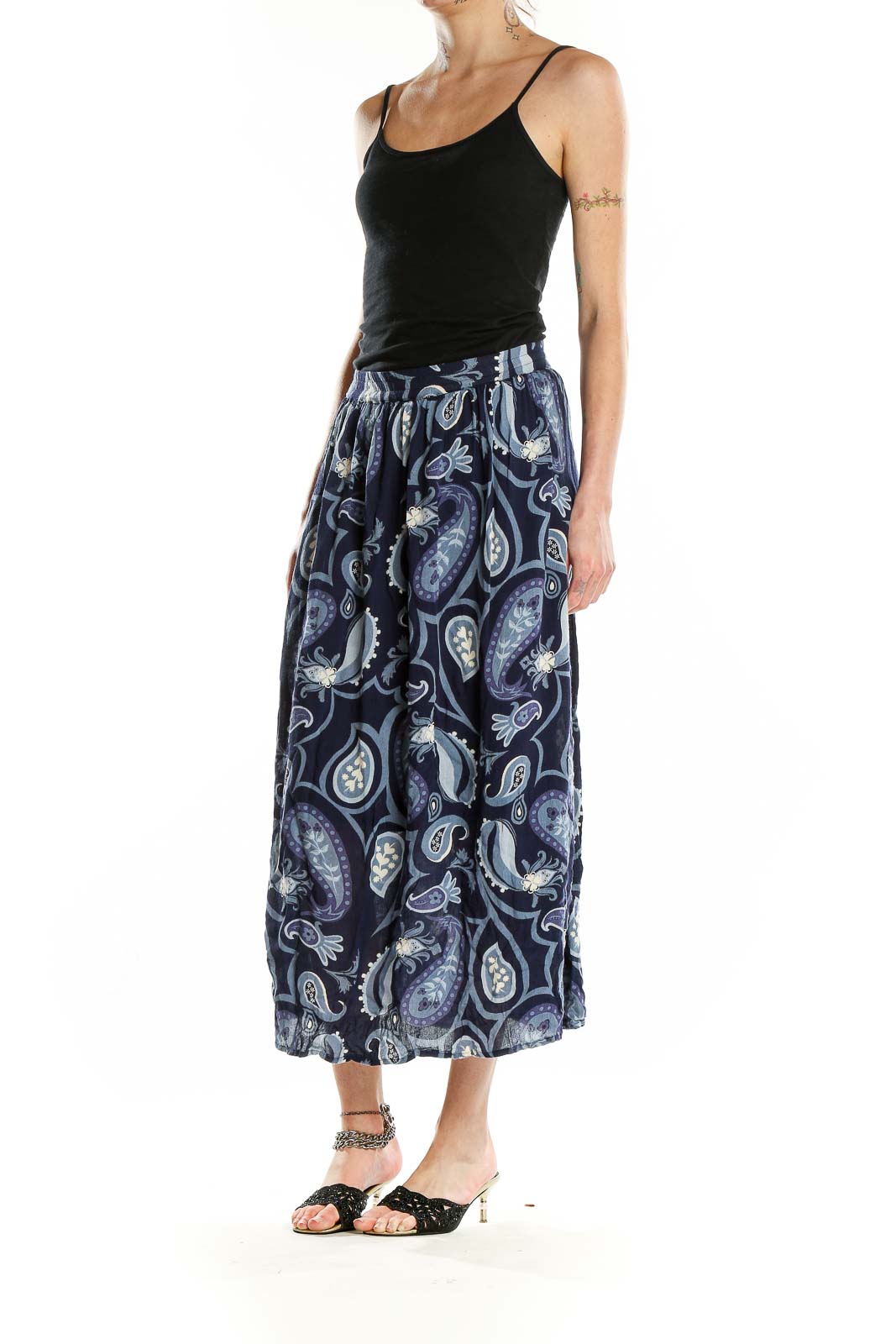 Front view of Cabela's navy paisley print rayon midi skirt