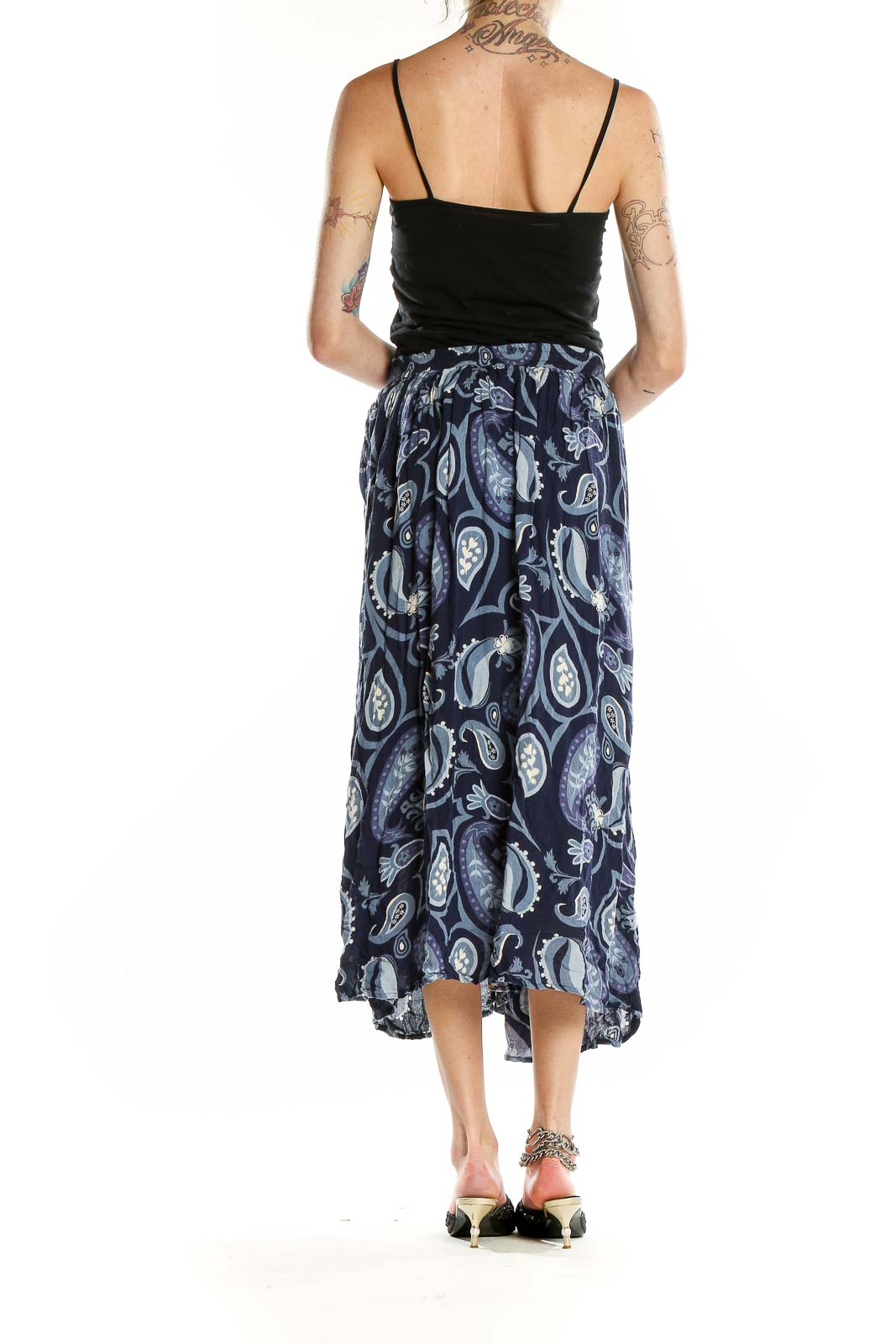 Back view of Cabela's navy paisley print rayon midi skirt on model