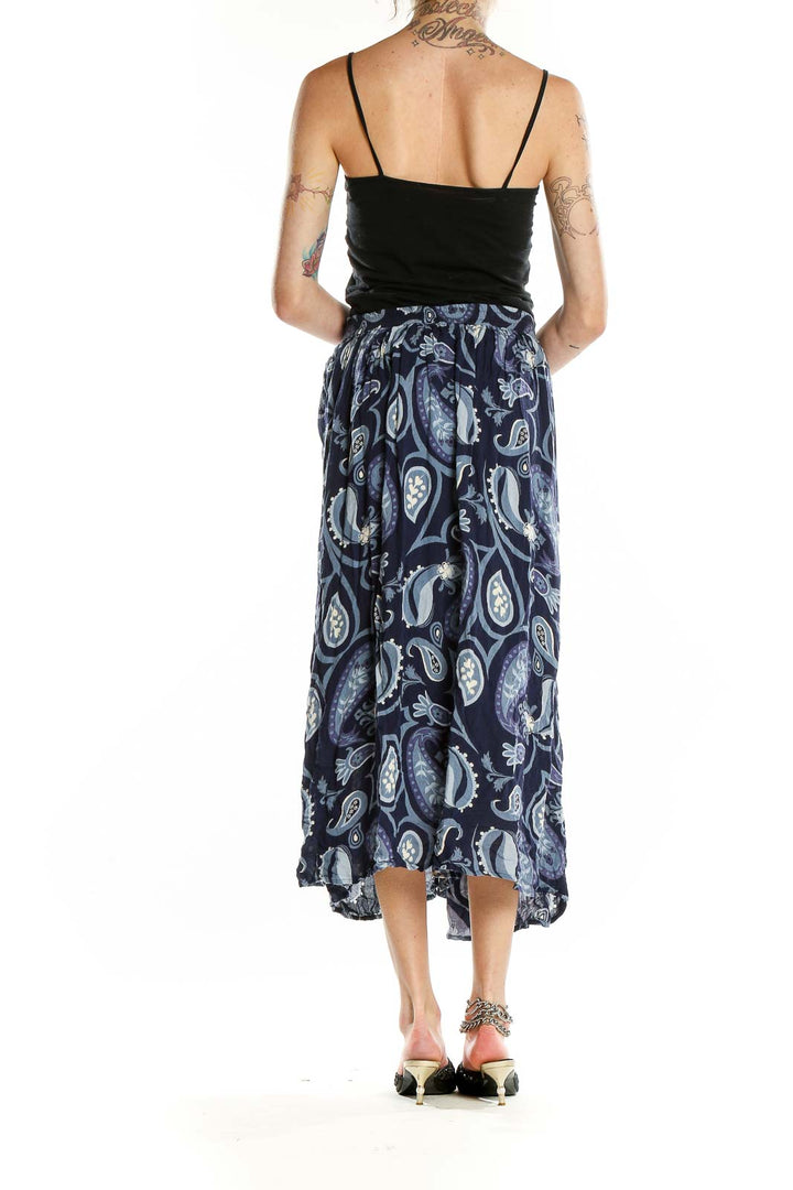 Back view of Cabela's navy paisley print rayon midi skirt on model