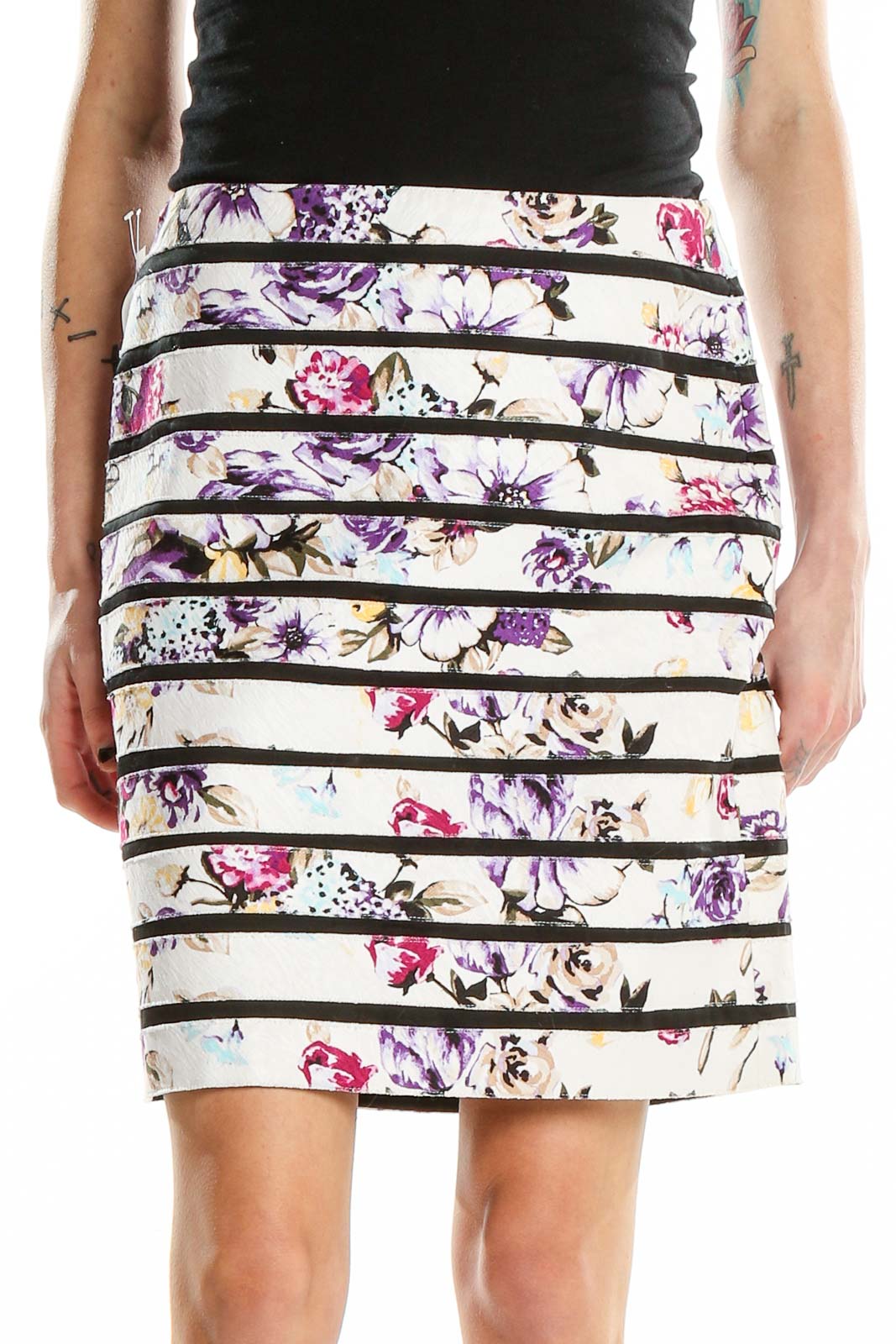 Front view of White House Black Market floral striped pencil skirt