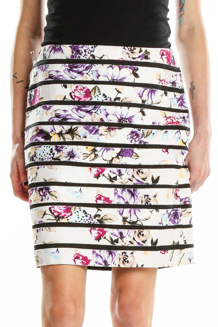 Front view of White House Black Market floral striped pencil skirt