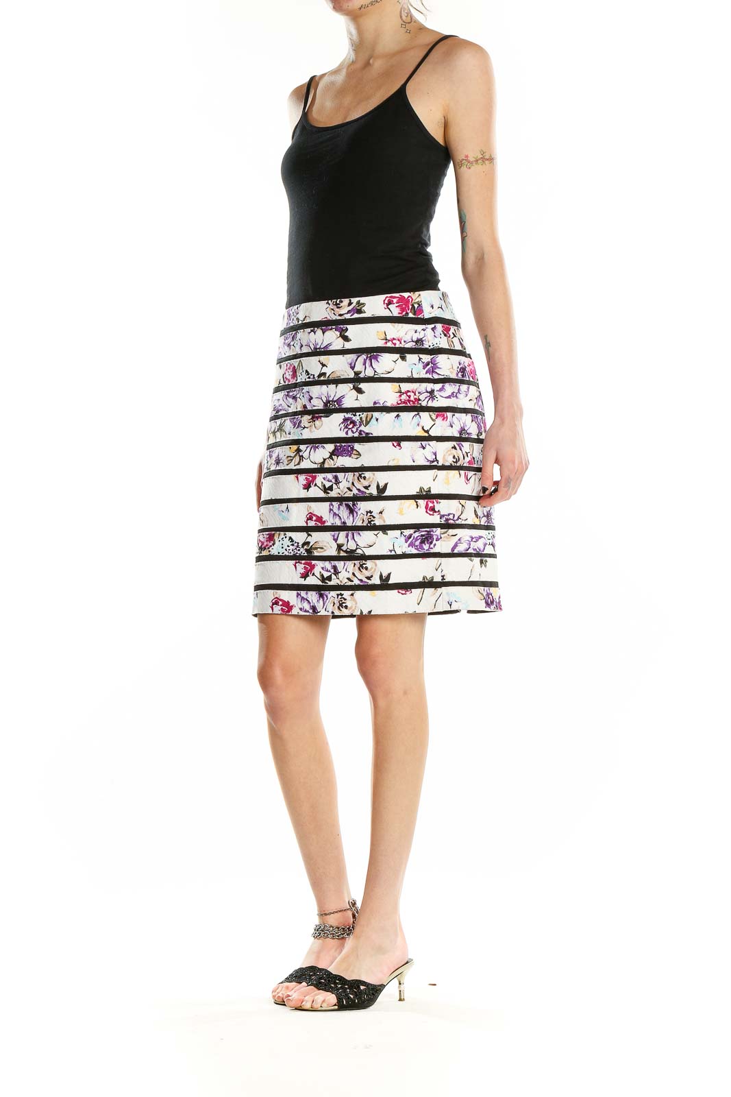 Front view of White House Black Market floral striped pencil skirt